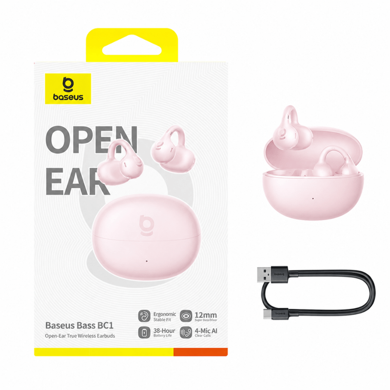 Audífonos TWS Baseus BC1 Bluetooth IPX5 con estuche rosado empaque del producto