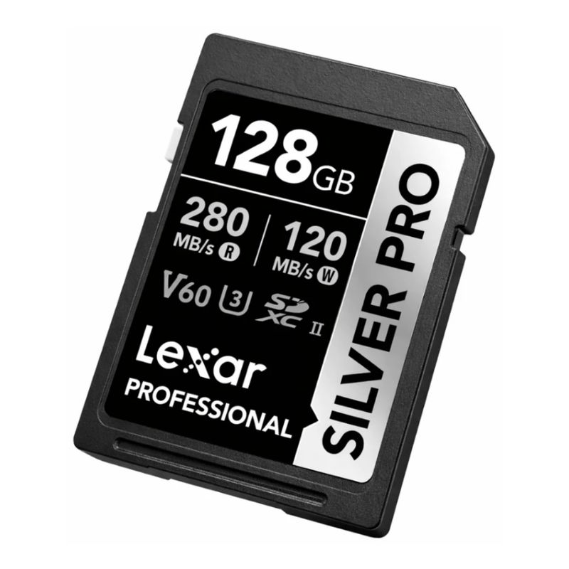 Tarjeta de memoria Lexar Professional SDXC V60 128GB Silver vista frontal oblicua