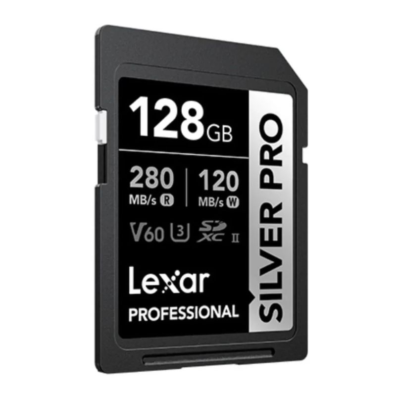 Tarjeta de memoria Lexar Professional SDXC V60 128GB Silver vista frontal oblicua