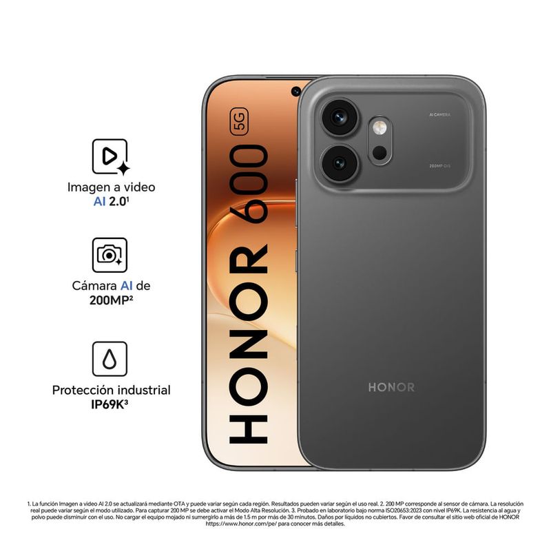 Celular HONOR 600 5G 512GB negro, cámara 200MP y 7000mAh frontal características
