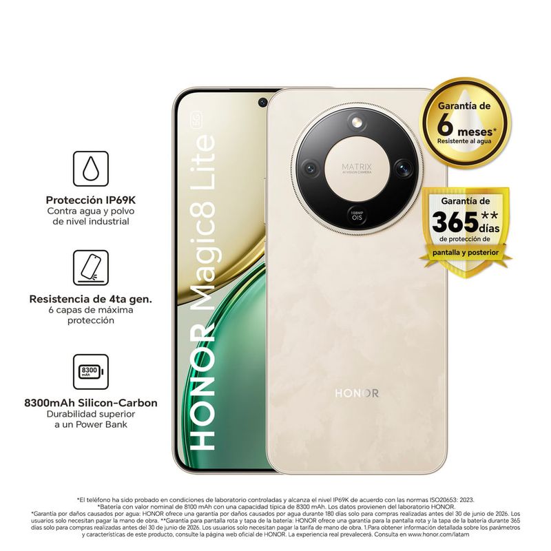 Celular HONOR Magic 8 Lite 512GB dorado, batería 7500mAh frontal beneficios