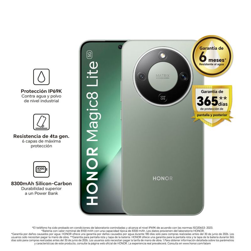 Celular HONOR Magic 8 Lite 512GB verde, batería 7500mAh beneficio