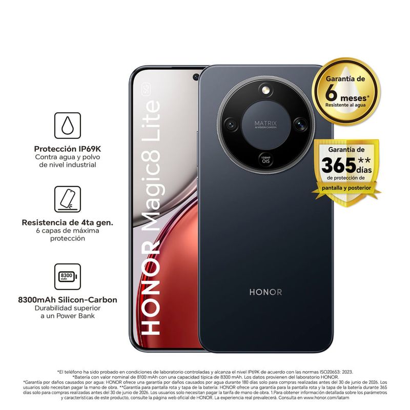 Celular HONOR Magic 8 Lite 512GB negro 7500mAh frontal beneficios