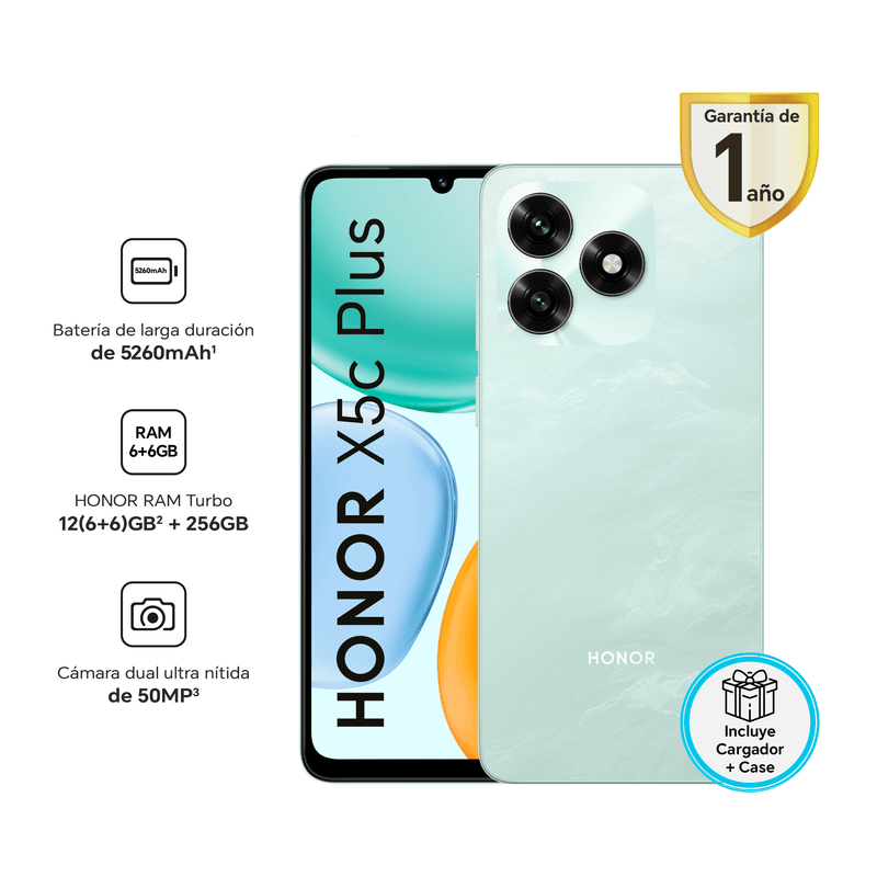 Celular Honor X5c Plus 4G 256GB cyan, batería 5260mAh frontal beneficios