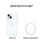Celular Apple iPhone 15 azul contenido de caja