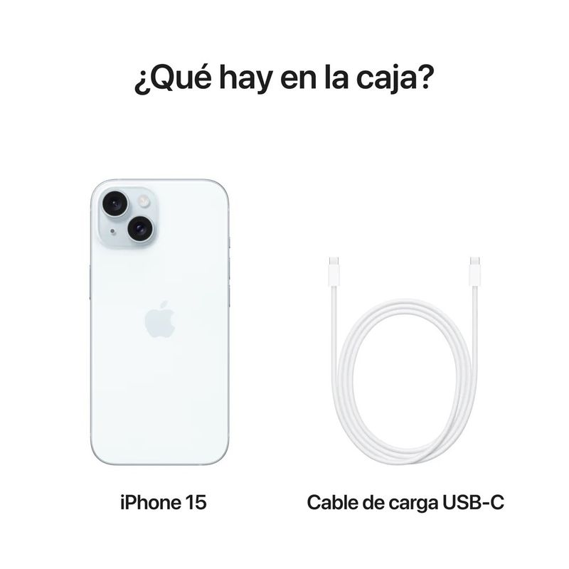 Celular Apple iPhone 15 azul contenido de caja