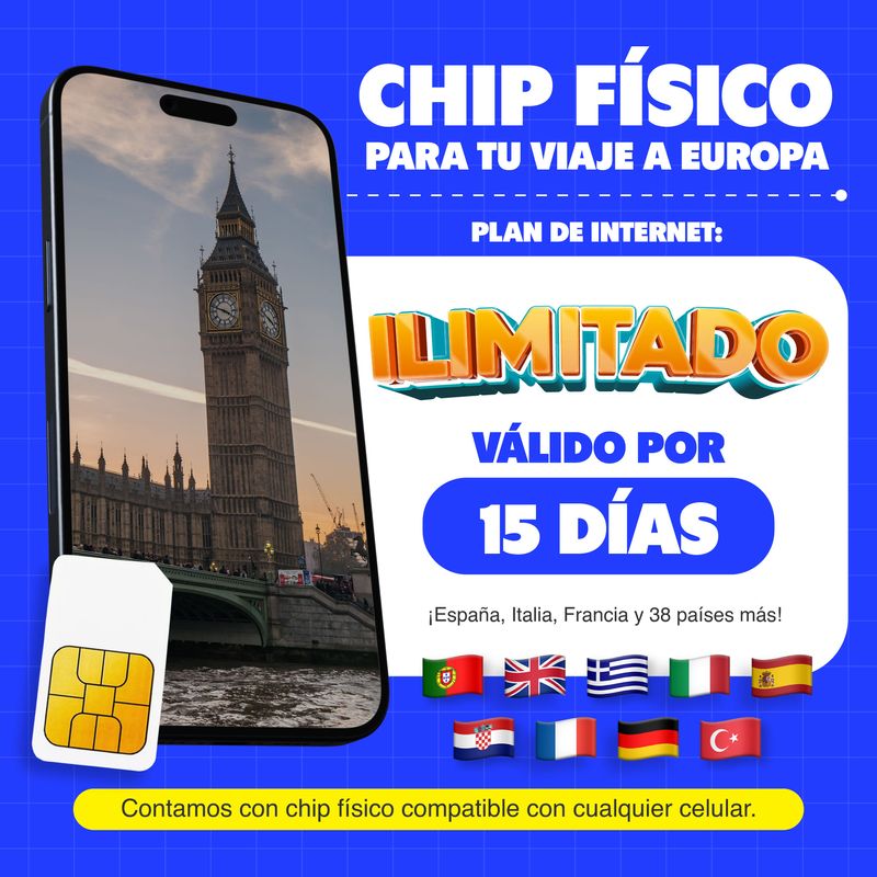 Chip físico MIFI Europa 41 países ilimitado 15 días recarga