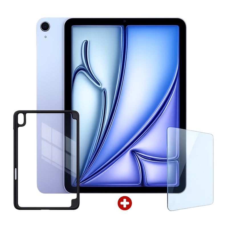 iPad Air 11 pulgadas M4 128GB cámara 12 MP color blue con case y mica vista frontal