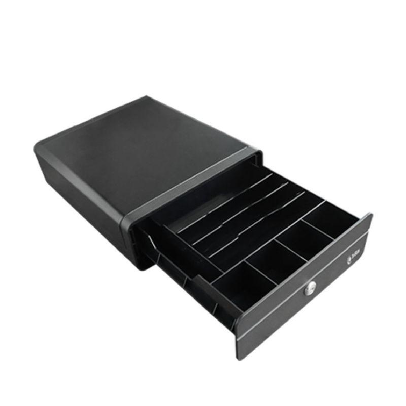 Gaveta de dinero 3NSTAR CD200 RJ11 negra frontal diagonal