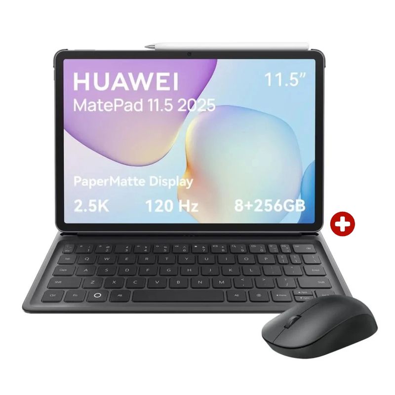 Tablet Huawei MatePad 11.5 2025 PaperMatte 256GB gris con teclado lápiz y mouse vista frontal