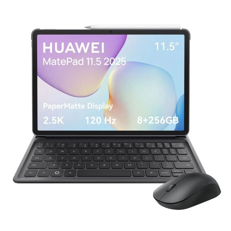 Tablet Huawei MatePad 11.5 2025 PaperMatte 256GB gris con teclado lápiz y mouse vista frontal