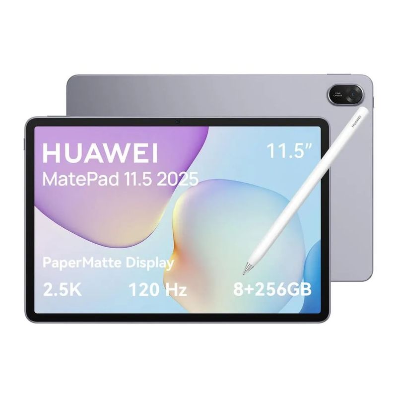Tablet Huawei MatePad 11.5 2025 PaperMatte 256GB gris con teclado lápiz y mouse vista frontal