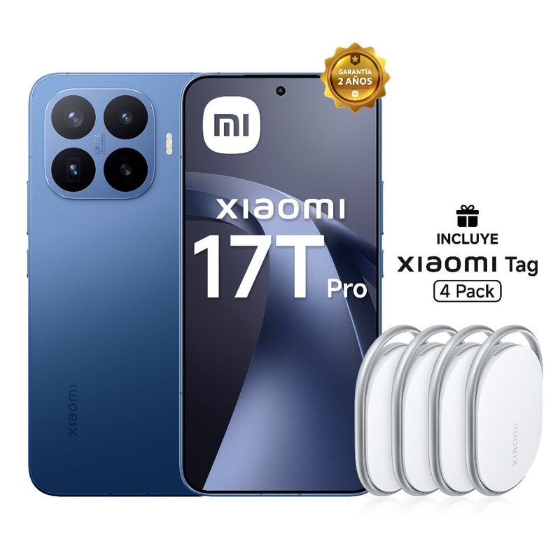 Celular Xiaomi 17T Pro 5G 512GB azul + Tag 4 Pack frontal tag beneficios