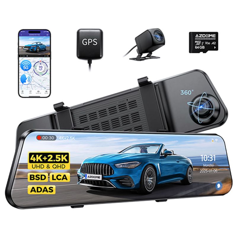 Dashcam Azdome PG17 Max espejo 4K GPS Wi-Fi 5GHz negra frontal características