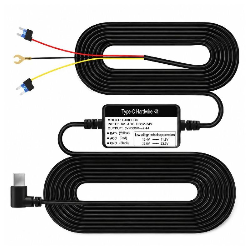 Kit Hardwire Azdome HT03 USB Tipo-C 12V/24V 5V 2.5A negro frontal