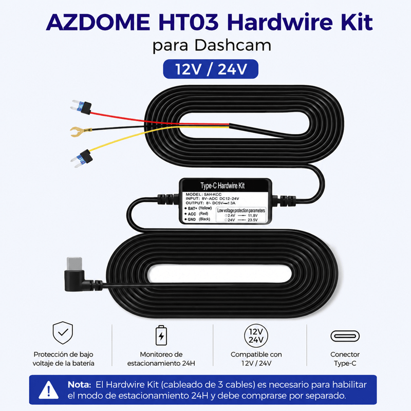 Kit Hardwire Azdome HT03 USB Tipo-C 12V/24V 5V 2.5A negro