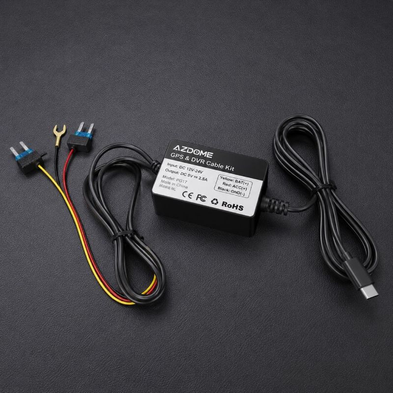 Kit Hardwire Azdome HT03 USB Tipo-C 12V/24V 5V 2.5A negro frontal