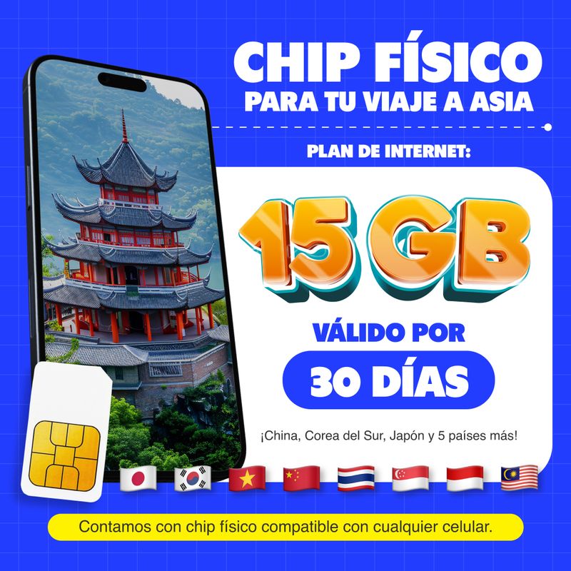 Chip físico MIFI Asia 8 países 15GB 30 días datos móviles FRONTAL BENEFICIO