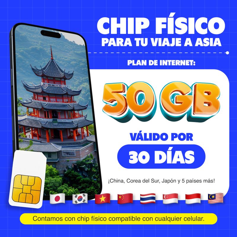 Chip físico MIFI Asia 8 países, 50GB, 30 días o hasta agotar datos, solo datos, para celular liberado FRONTAL BENEFICIOS
