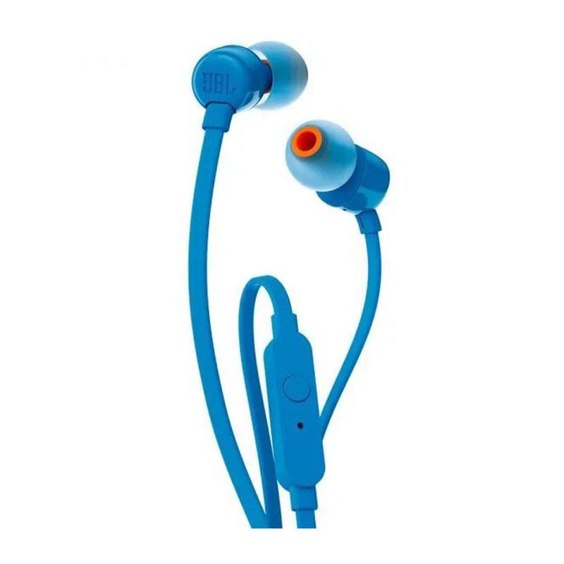 Audífonos JBL con cable T110 in ear 3.5 mm, azul, ángulo dorsal oblicuo.