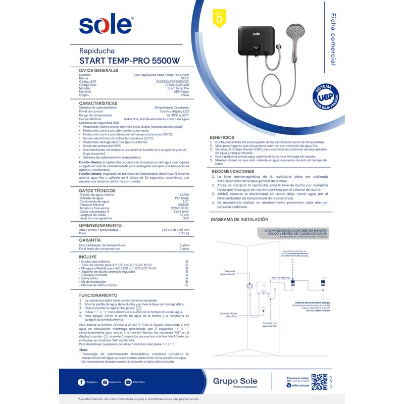 Rapiducha Sole Start Temp-pro 5.5kW Turbo Flow IP25 frontal inferior características