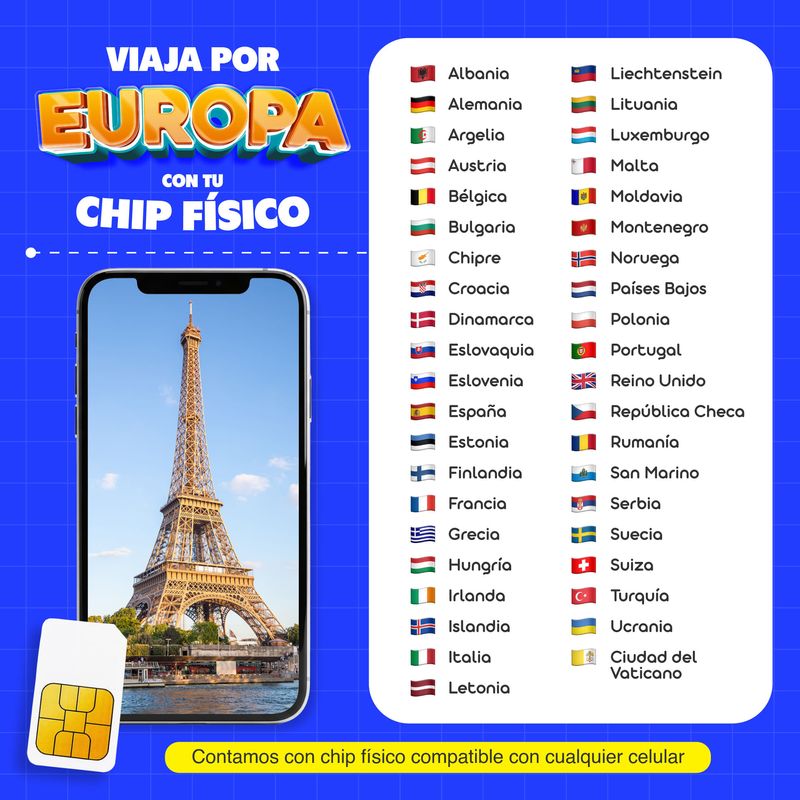 Chip físico MIFI Europa 41 países ilimitado 30 días países disponibles