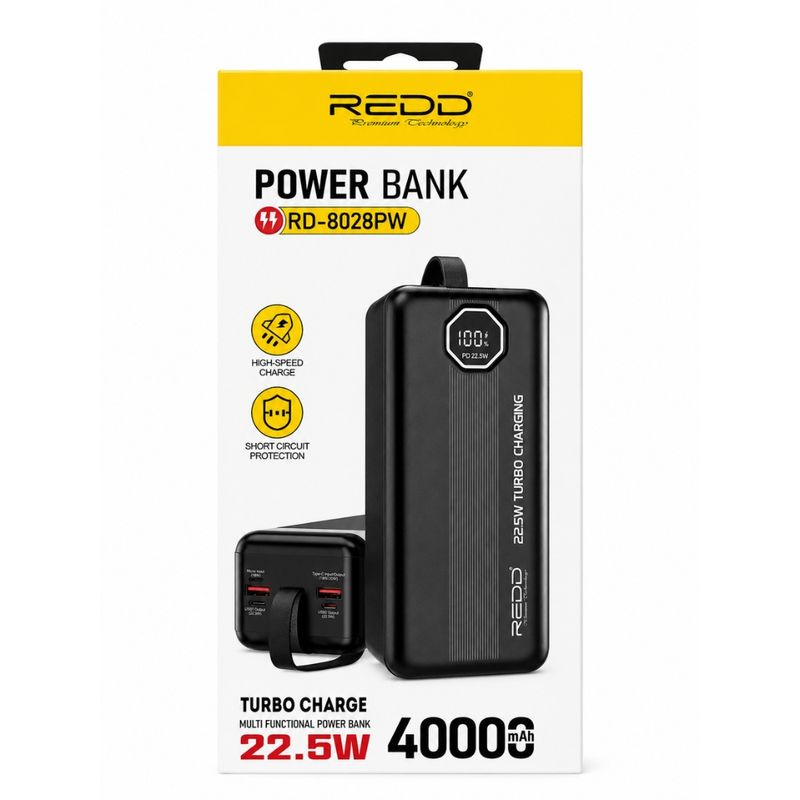 Power Bank Redd 40000mAh 22.5W Turbo Charge, display LED medidas