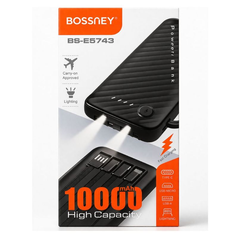 Batería externa Bossmey 10000mAh, 22.5W, 4 cables, blanca tipos de empaque