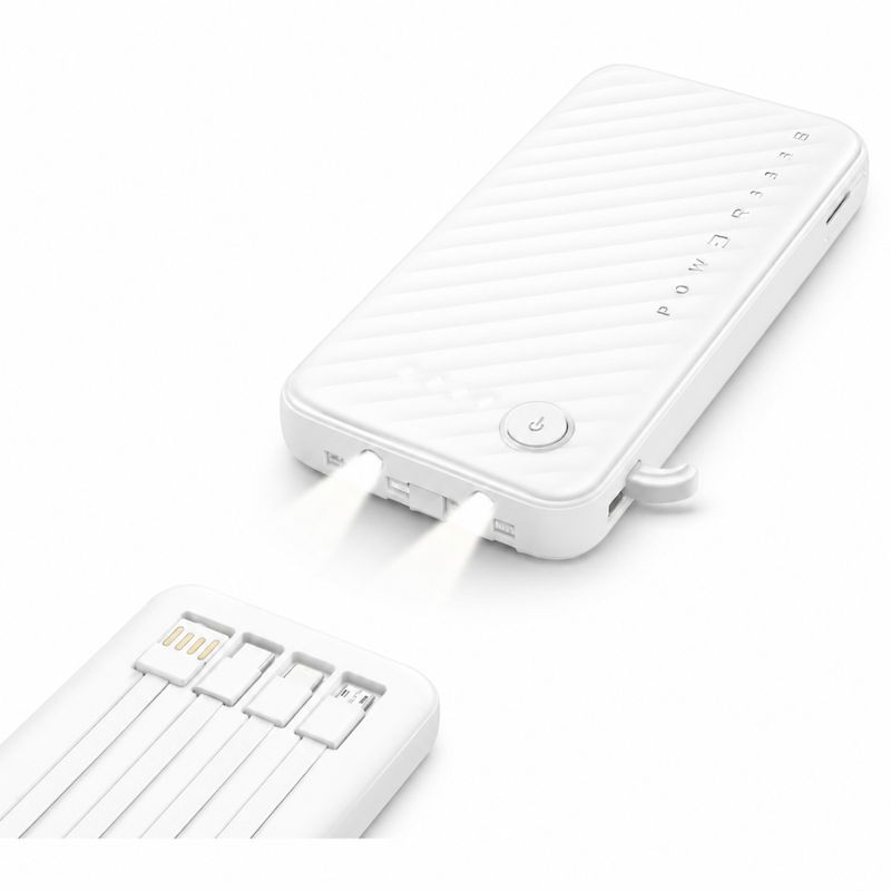 Batería externa Bossmey 10000mAh, 22.5W, 4 cables, blanca conexión