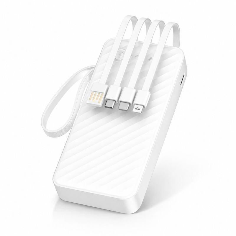 Batería externa Bossmey 10000mAh, 22.5W, 4 cables, blanca FRONTAL