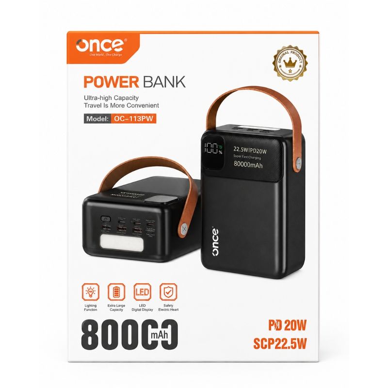 Batería externa Once 80000mAh, carga rápida 22.5W, negra empaque