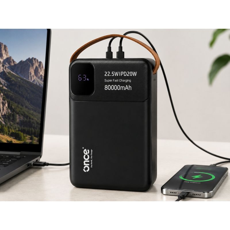 Batería externa Once 80000mAh, carga rápida 22.5W, negra uso