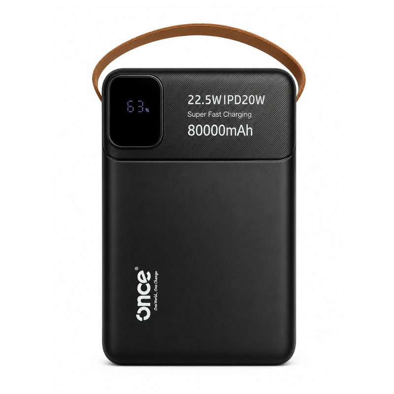 Batería externa Once 80000mAh, carga rápida 22.5W, negra frontal