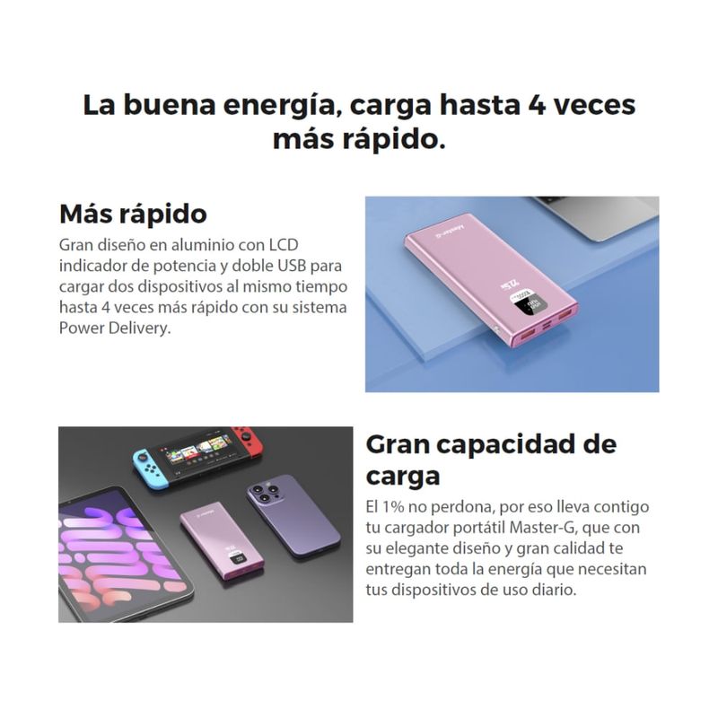 Batería externa Master-G 10000mAh 22.5W Power rosado beneficios