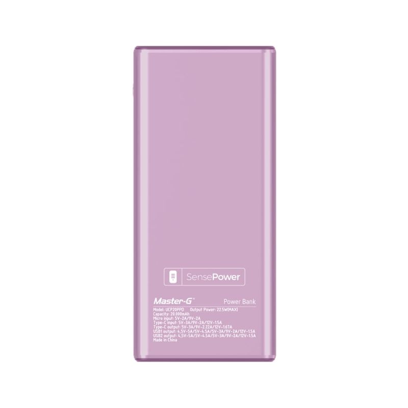 Batería externa Master-G 20000mAh 22.5W Power Delivery rosa frontal beneficios inferior