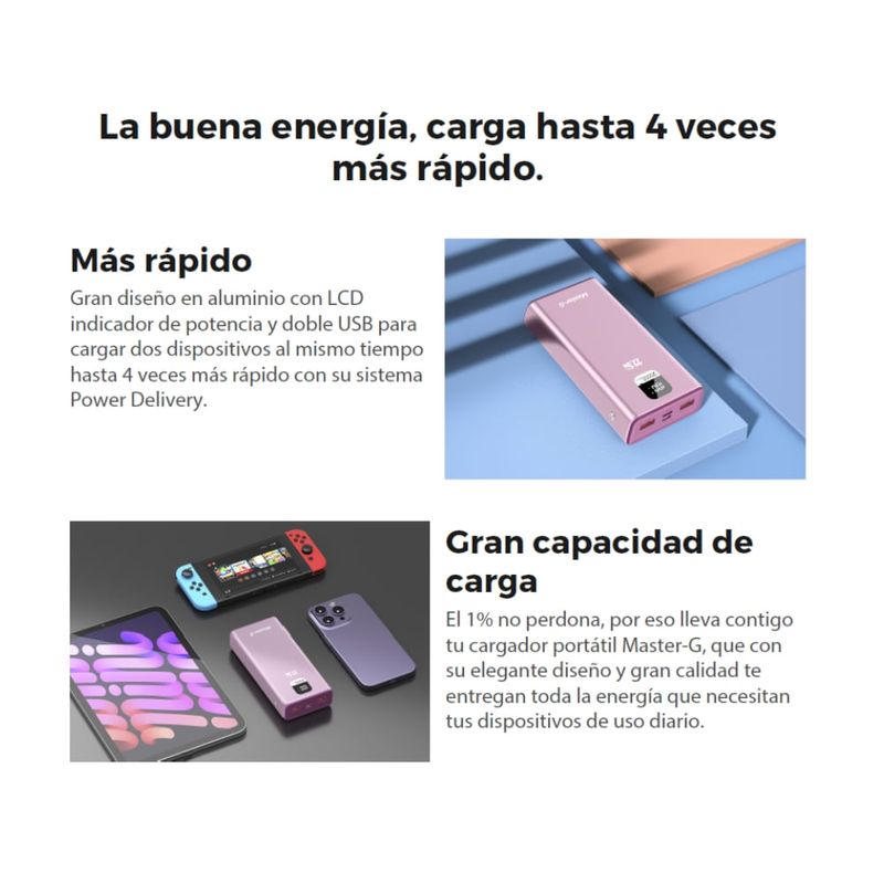 Batería externa Master-G 20000mAh 22.5W Power Delivery rosa frontal beneficios inferior especificaciones
