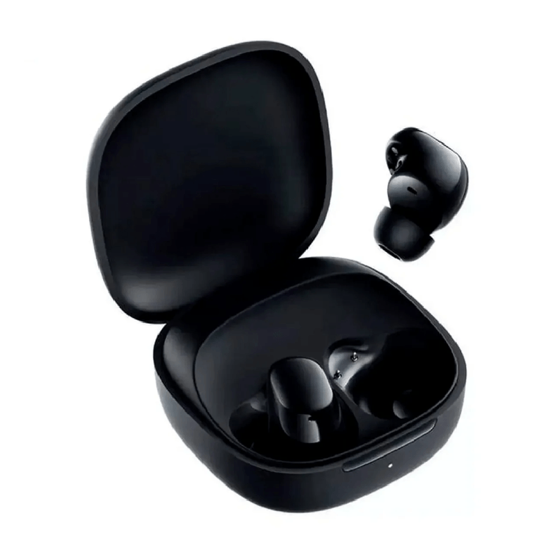 Audífonos Xiaomi Redmi Buds 6 Play bluetooth, negro, estuche en ángulo frontal oblicuo
