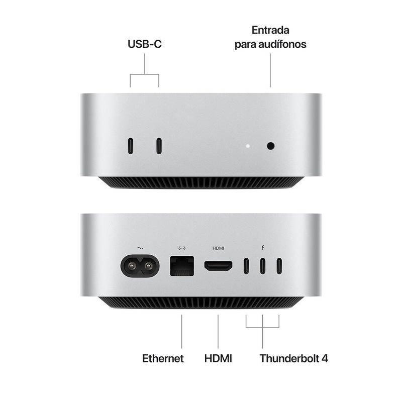 Computadora Apple Mac Mini M4 16GB 256GB gris frontal entradas