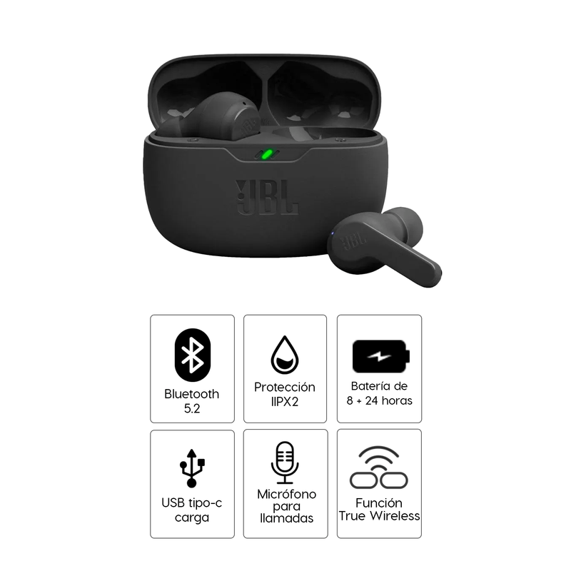 Audífonos bluetooth True Wireless JBL Vibe Beam negros detalles