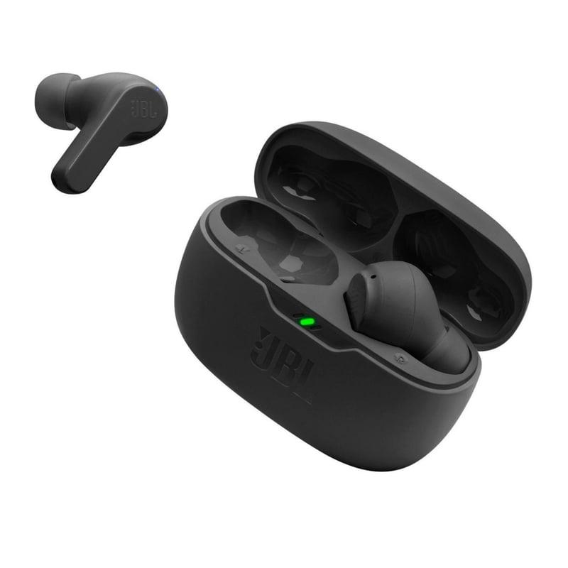 Audífonos JBL Vibe Beam negros con diseño inalámbrico True Wireles