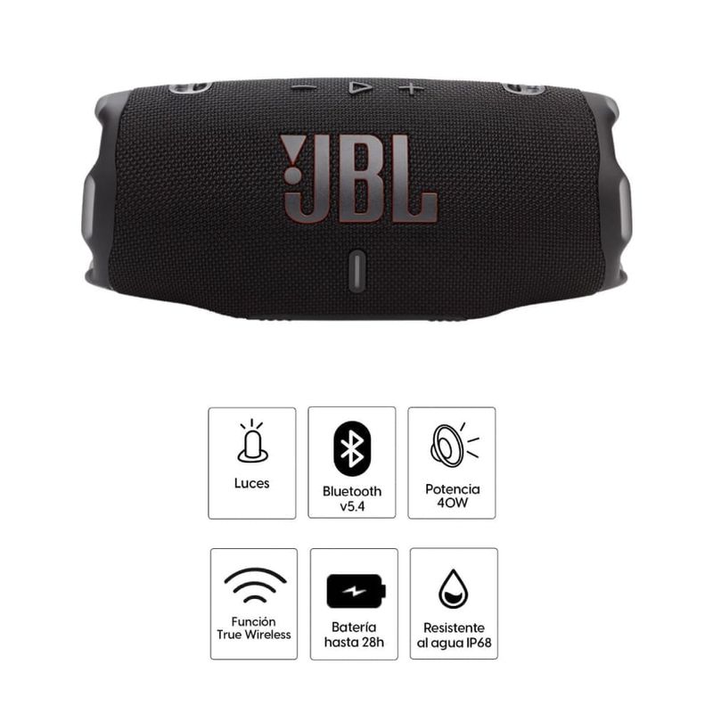 Parlante bluetooth JBL Charge 6 Auracast 40W negro vista frontal características destacadas
