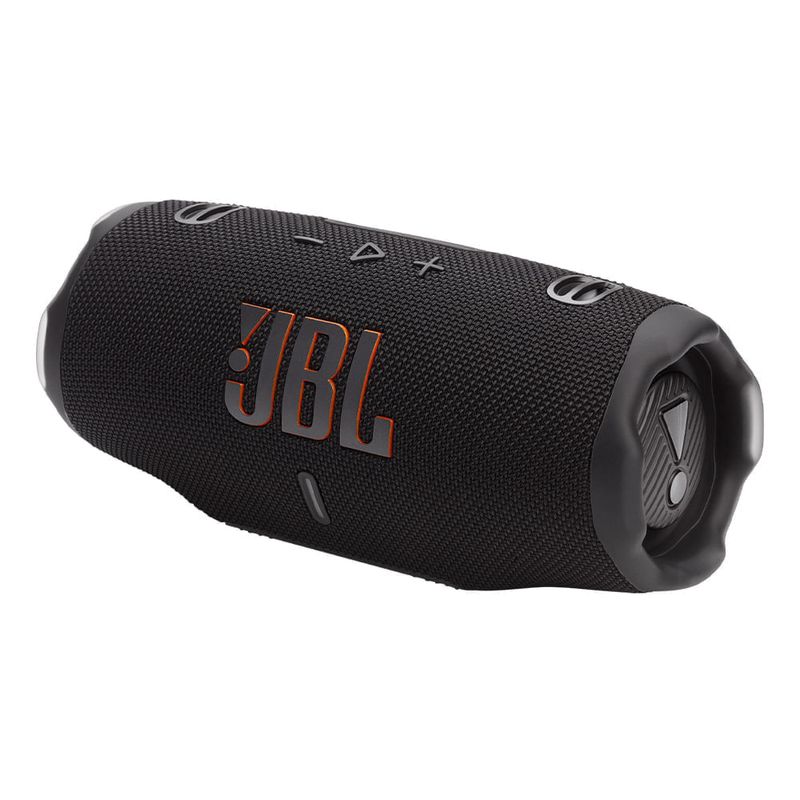 Parlante bluetooth JBL Charge 6 Auracast 40W negro vista perspectiva tres cuartos radiadores laterales