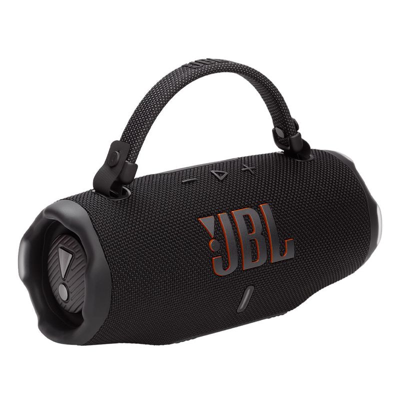 Parlante bluetooth JBL Charge 6 Auracast 40W negro vista perspectiva tres cuartos con correa de transporte