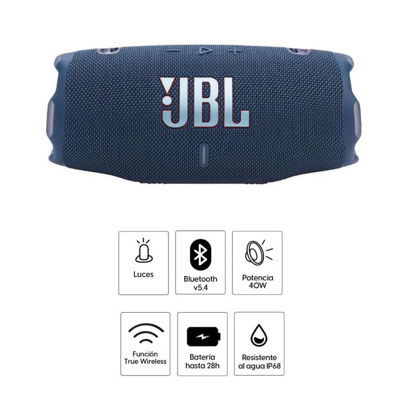 Parlante bluetooth JBL Charge 6 Auracast 45W azul vista frontal características destacadas