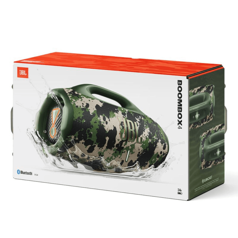 Parlante bluetooth JBL Boombox 4 portátil en caja color camuflado