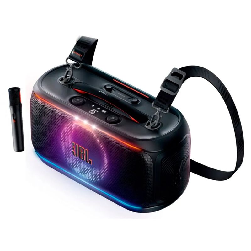 Parlante Bluetooth JBL PartyBox On-The-Go 2 100W IPX4 negro vista frontal + microfono