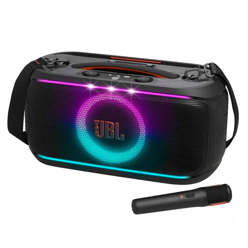 Parlante Bluetooth JBL PartyBox On-The-Go 2 100W IPX4 negro vista frontal + microfono