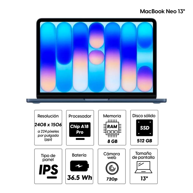 MacBook Neo 13" A18 Pro 8GB 512GB SSD índigo frontal especificaciones