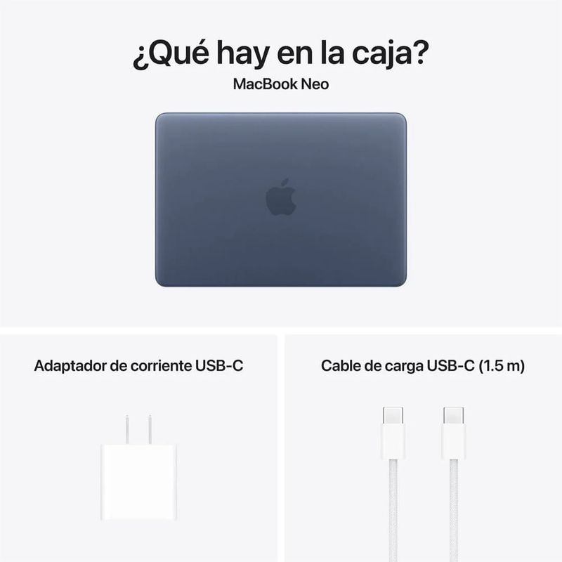 MacBook Neo 13" A18 Pro 8GB 512GB SSD índigo contenido caja