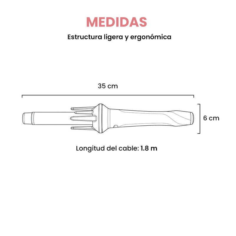 Rizador automático Bomidi HC02, 210°C, cerámica, rosado frontal oblicuo especificaciones